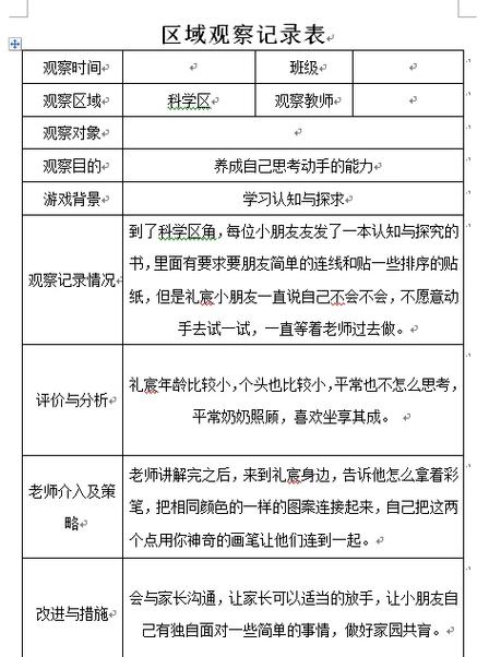 游戏区域活动观察记录表