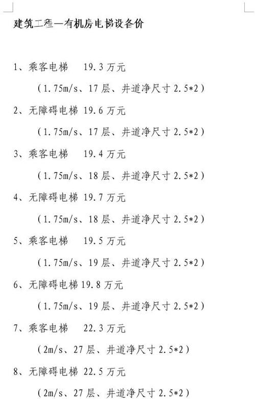 杭州奥立达电梯价格表