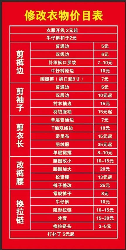 裁缝店一般收费价目表