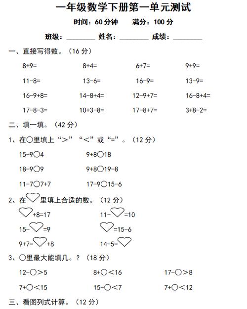 一年级下册数学测试卷可打印缩略图