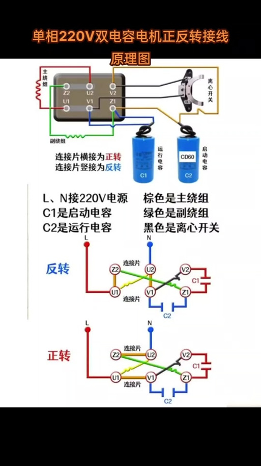 220v双电容电机接线图
