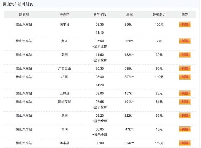 佛山市汽车站时刻表