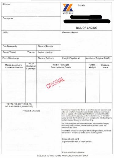 BILL OF LADING