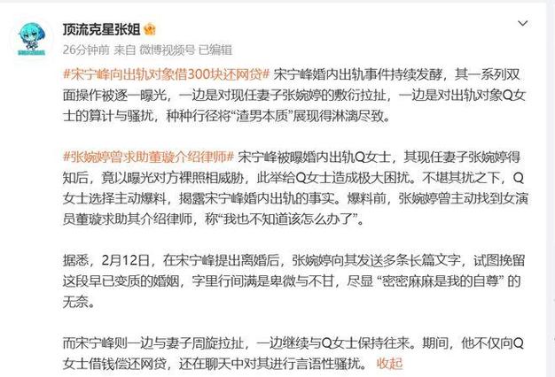 曝宋宁峰向出轨对象借钱还贷