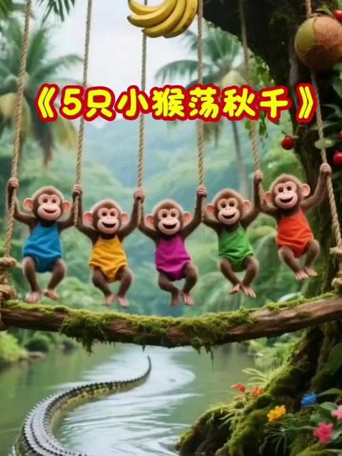 两只小猴荡秋千,桥下鳄鱼被水淹