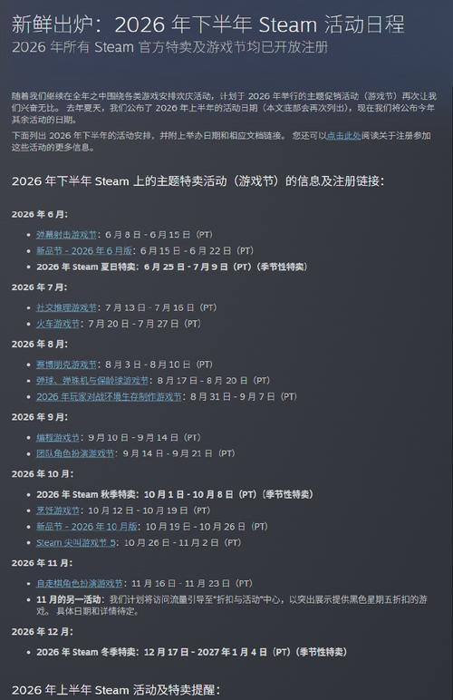 Steam2026年全年促销活动公布