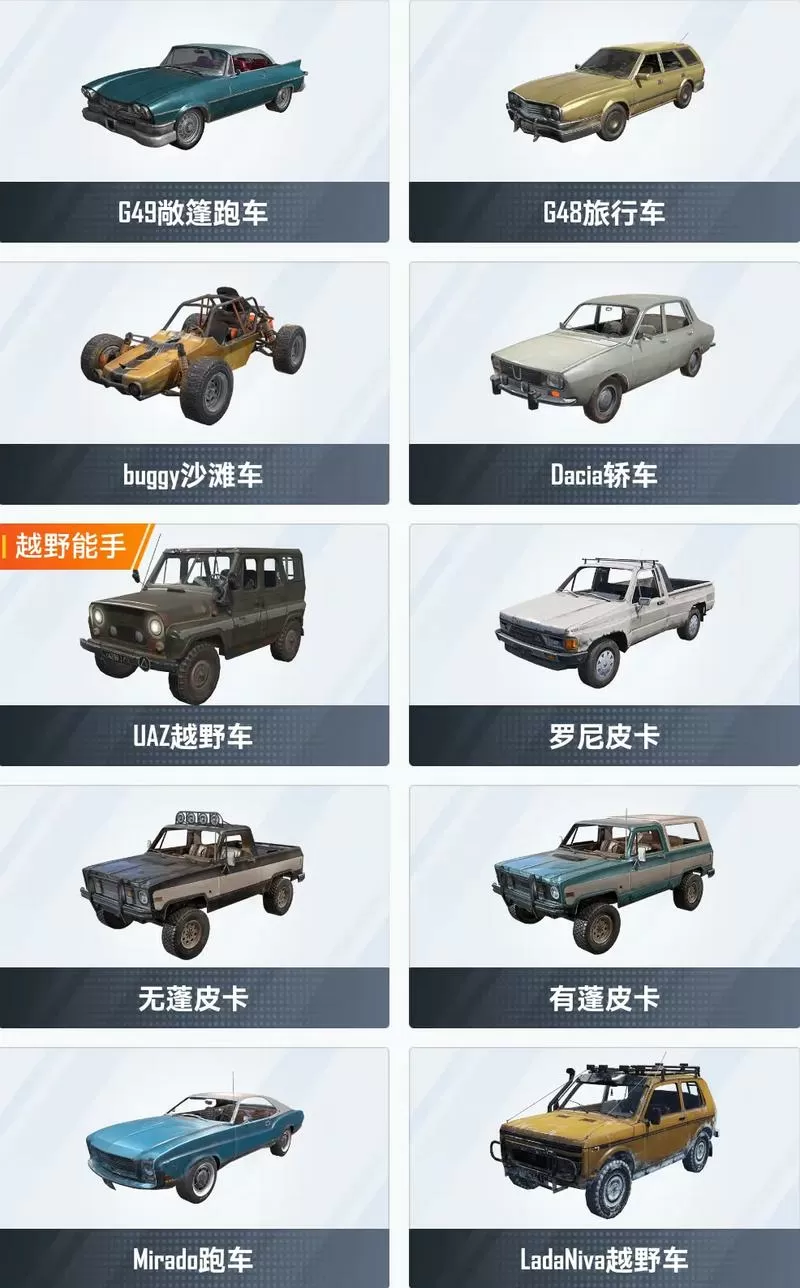 和平精英车辆大全