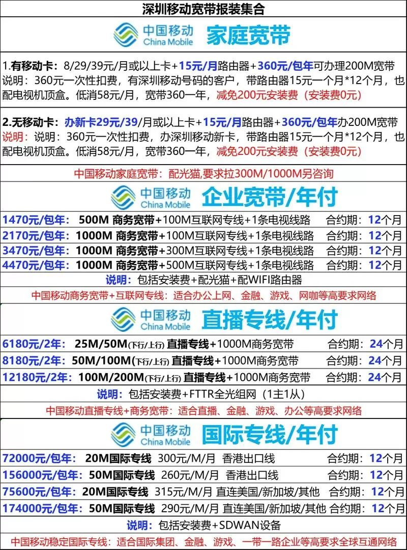 电信移动宽带套餐价格表