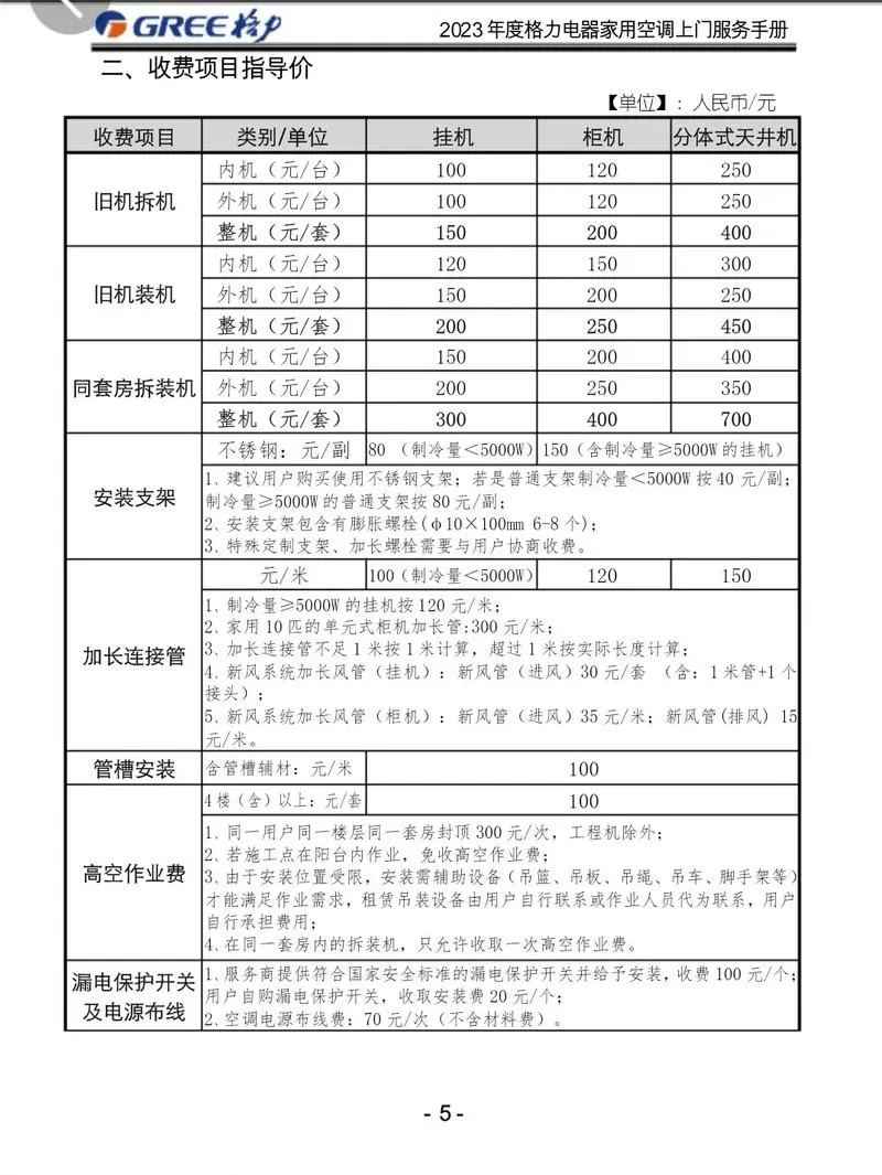 格力空调拆装及收费标准
