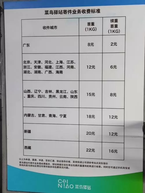 菜鸟驿站邮费价格表