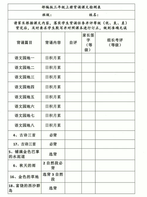 部编版七年级上册语文背诵表