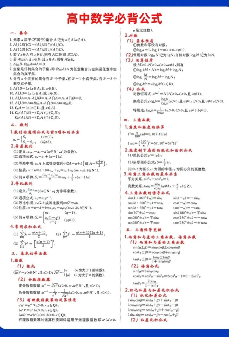高中数学公式大全 完整版光环加速版