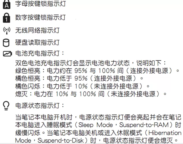 华硕笔记本指示灯含义