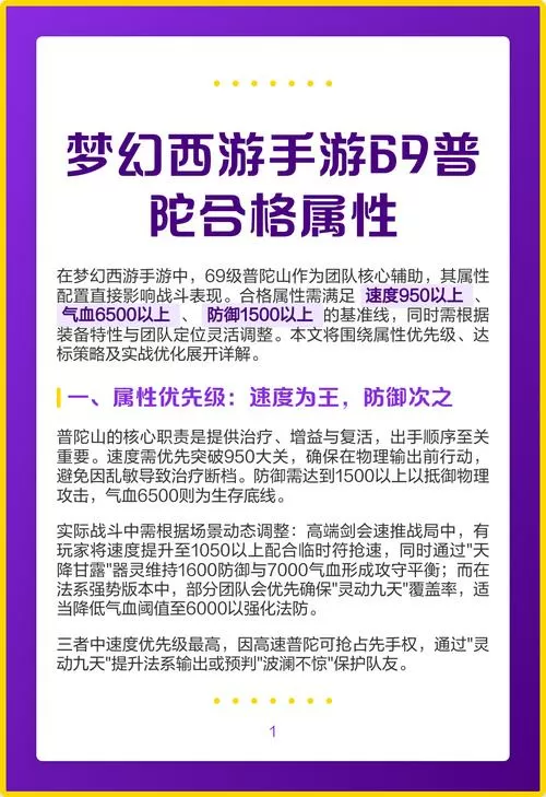 梦幻西游手游普陀69级的标准