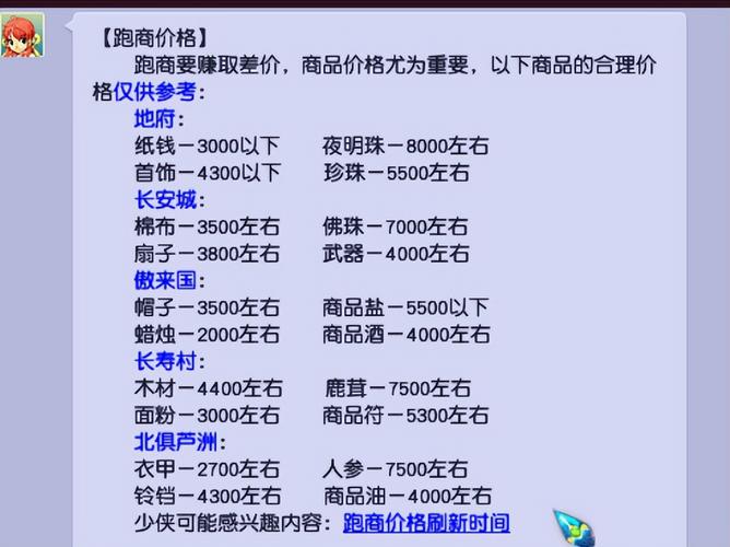 梦幻西游跑商商品价格表介绍2024