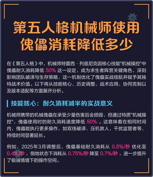 第五人格机械师使用傀儡消耗降低多少伤害降低50%