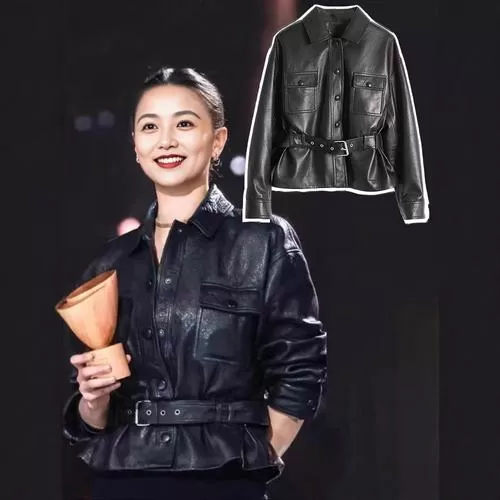 女明星黑色机车皮衣穿搭