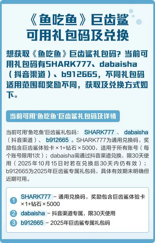 鱼吃鱼兑换码领取永久角色巨齿鲨